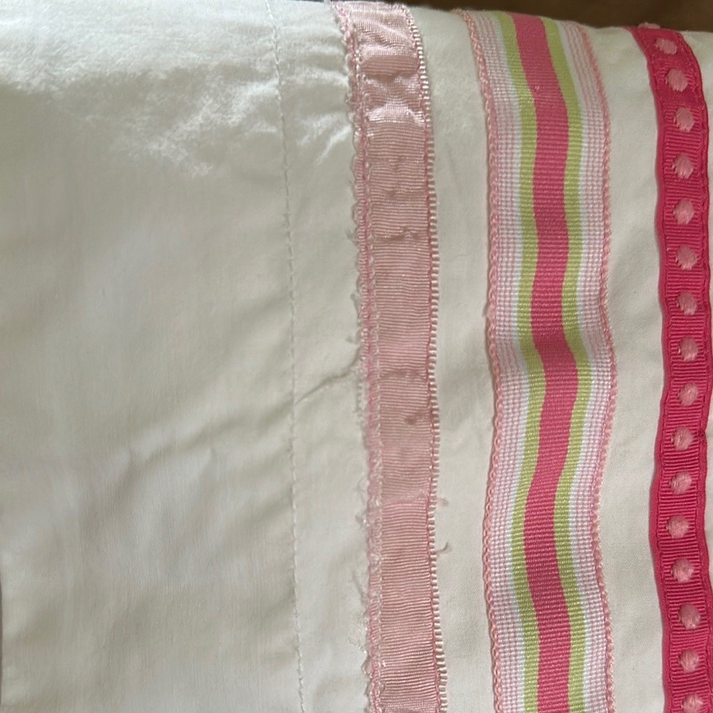 Pottery Barn Kids Pink and Green Ribbon Stripe Floral Pillow Sham - Picture 7 of 8